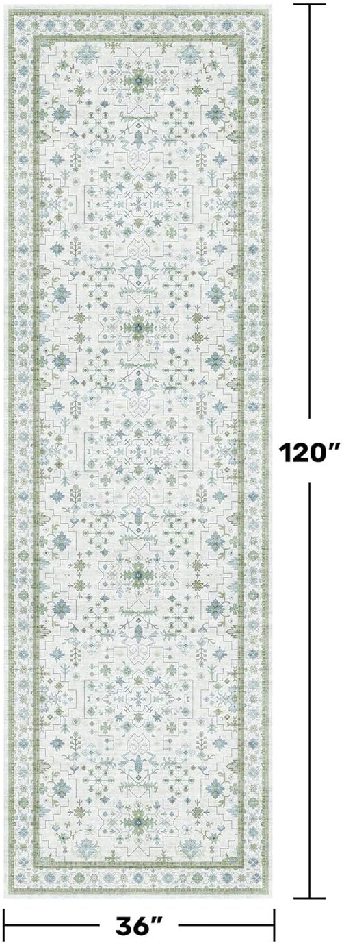 Hazo Haus Oushak 3x10 Wide Hallway Runner Rug - Vintage Turkish Floral Design | Washable Low Pile, Non-Slip - Light Blue & Green