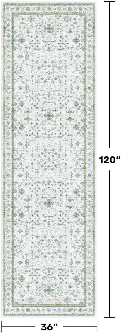 Hazo Haus Oushak 3x10 Wide Hallway Runner Rug - Vintage Turkish Floral Design | Washable Low Pile, Non-Slip - Light Blue & Green