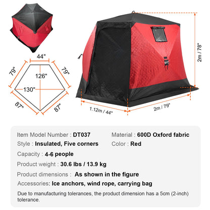 VEVOR Pop Up Ice Fishing Tent, 4-6 Person Large Insulated Shelter, 87x79x78 50sq ft Fishing Area, Portable Hub-Style Shanty for Winter, Ice Cube with Anchors, Ropes, Carrying Bag