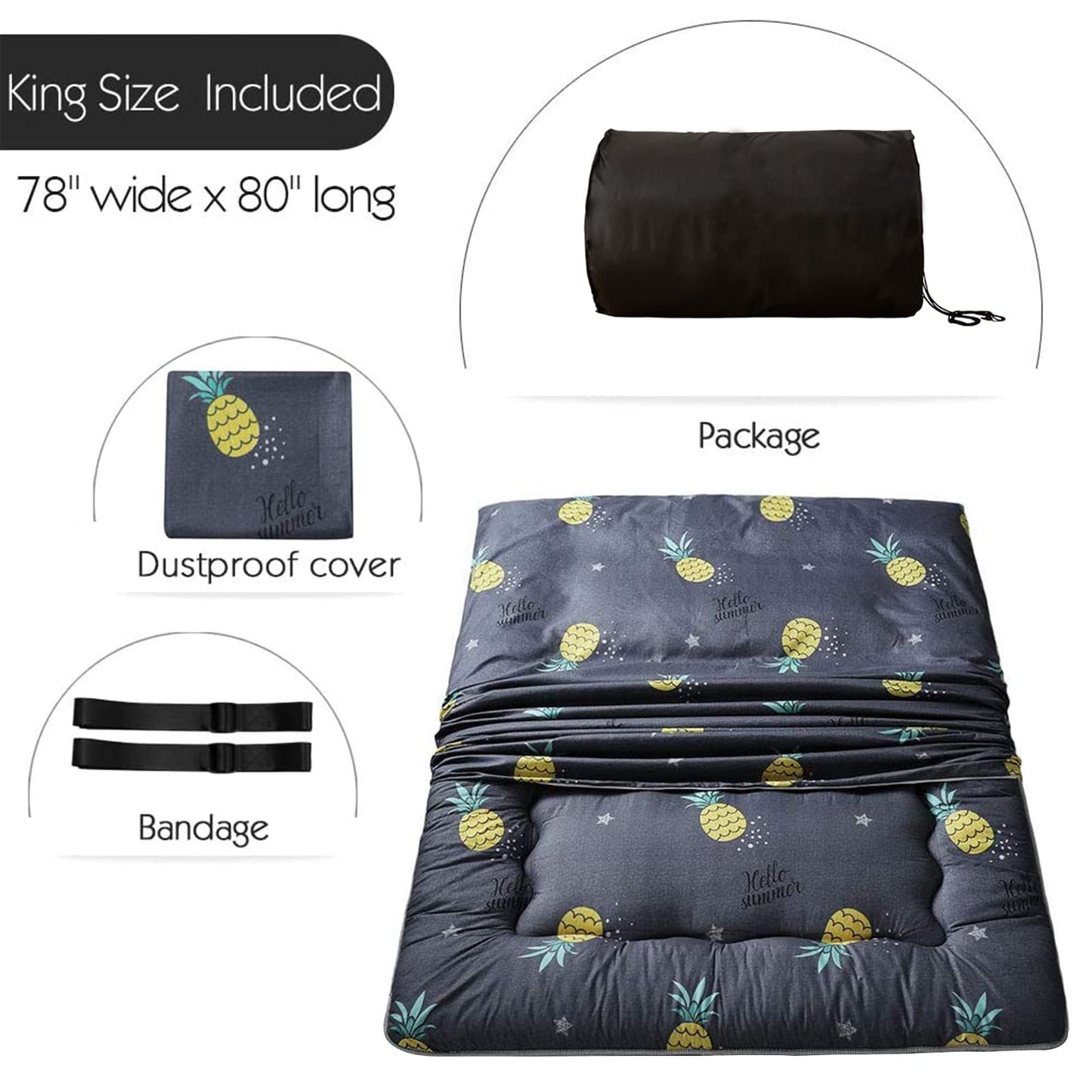 MAXYOYO Grey Pineapple Japanese Floor Futon Mattress, Tatami Mat Portable Camping Mattress Kids Sleeping Pad Foldable Roll Up Floor Lounger Couch, King Size