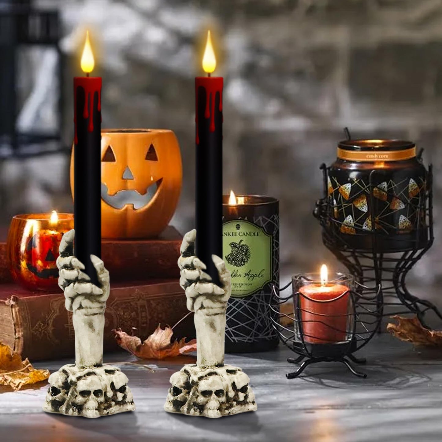Wondise Halloween Flameless Taper Candles with Remote and Timer, Black Battery Operated Dripping Wax LED Flickering Candles with Skeleton Hand Holders for Halloween Decoration(2 Pack, 3” x 12”)