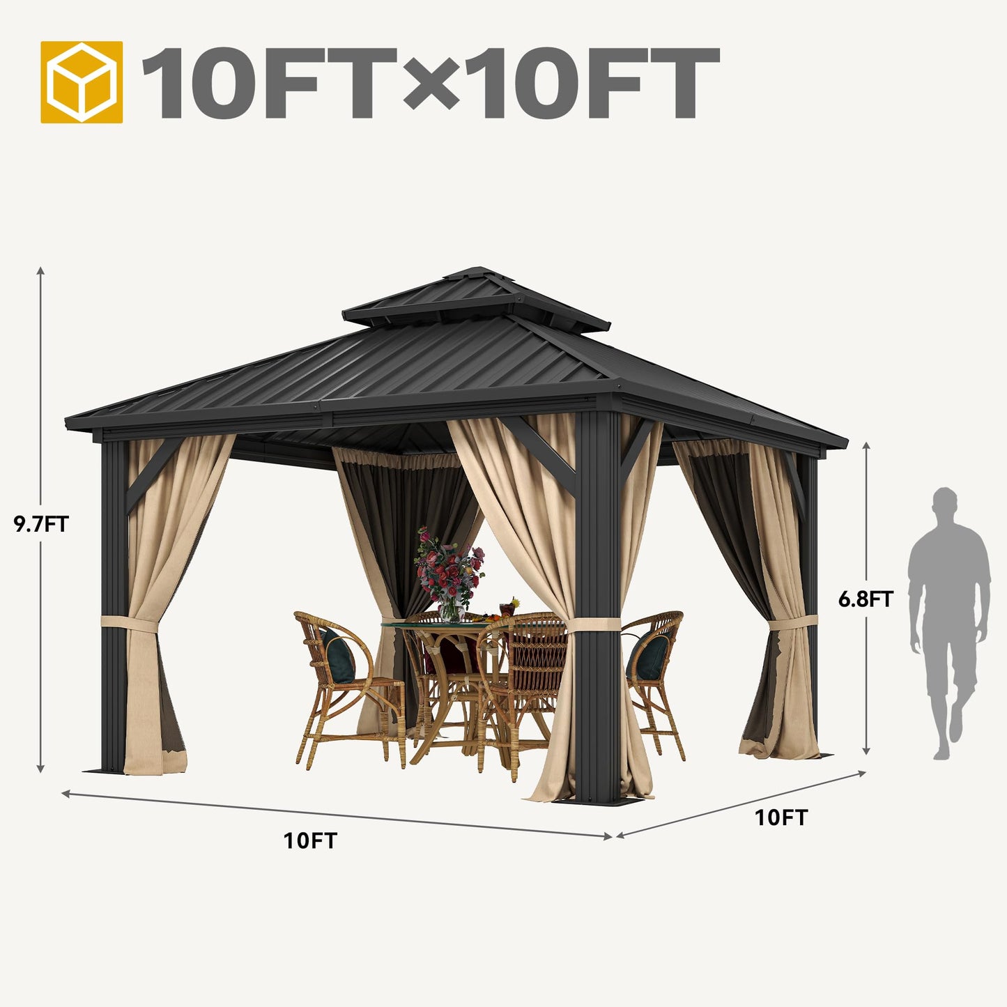 DWVO 10x10ft Hardtop Gazebo Double Roof with Nettings and Curtains, Heavy Duty Galvanized Steel Outdoor Vertical Stripes Roof for Patio, Backyard, Deck, Lawns, Brown