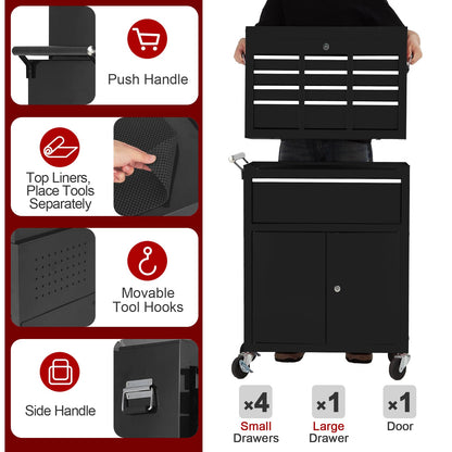 5-Drawer Rolling Tool Chest, 2-in-1 Detachable Top Tool Cabinet with Removable High Capacity Storage, Sliding Drawers, Wheels, Locking System & Liners for Workshop, Mechanics, Garage and Warehouse Use