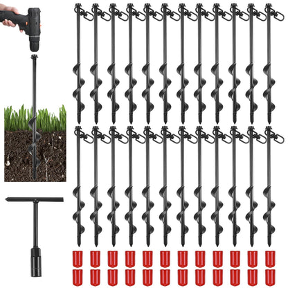 Reginary 24 Pcs Ground Anchors Screw in Tent Stakes Heavy Duty Trampoline Anchors High Wind for Camping Canopy Carport Sheds Beach Sand Stakes Metal Swing Set (Black)