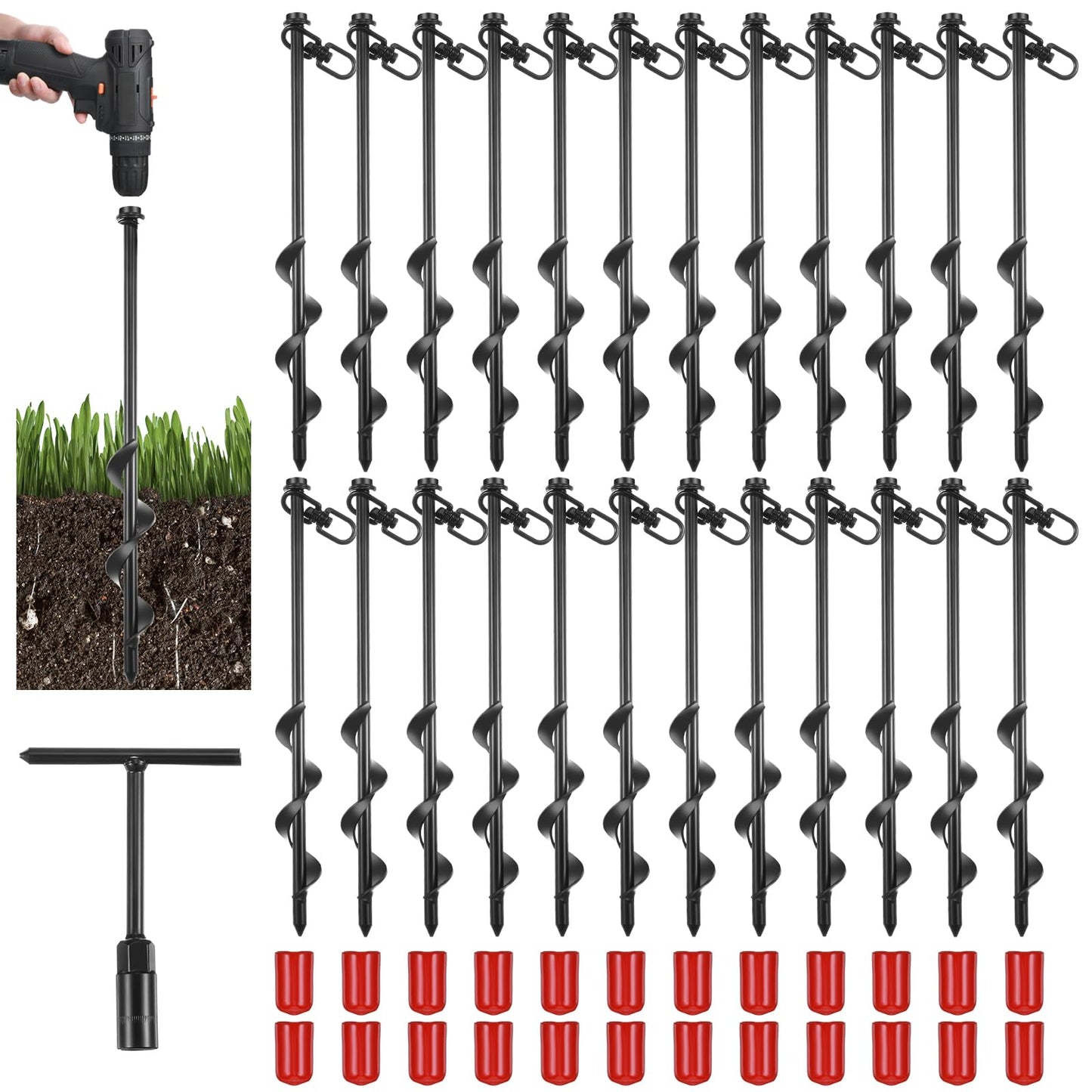 Reginary 36 Pcs Ground Anchors Screw in Tent Stakes Heavy Duty Trampoline Anchors High Wind for Camping Canopy Carport Sheds Beach Sand Stakes Metal Swing Set (Black)