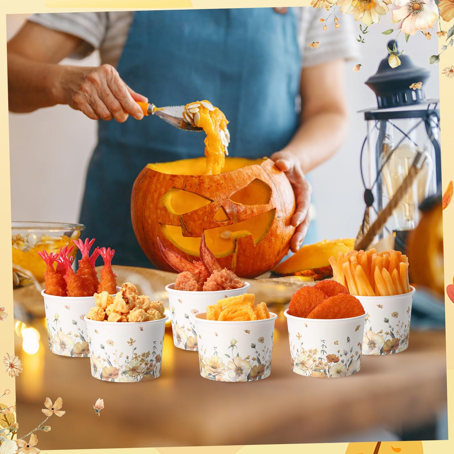 Funnymoom 50 Pack Fall Floral Treat Snack Cups Autumn Flowers Paper Ice Cream Cups 9 oz Watercolor Flower Disposable Dessert Bowls for Hot or Cold Food Fall Wedding Baby Shower Birthday Party Supplies