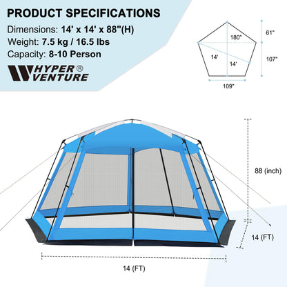 Hyper Venture Screen House 14x14ft Canopy Tent with 5-Sided Netting, Easy Setup, Portable Gazebo Shelter for Outdoor Camping, Gathering, Party, Picnic, Blue