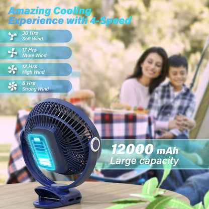 BIVBTP 12000mAh Clip on Fan 30H Longest Runtime, 8in Portable Fan Rechargeable, Ultra Quiet with Heavy-Duty Clamp, USB Desk Fans for Golf Cart,Office Desk, Treadmill, Camping, Bedroom