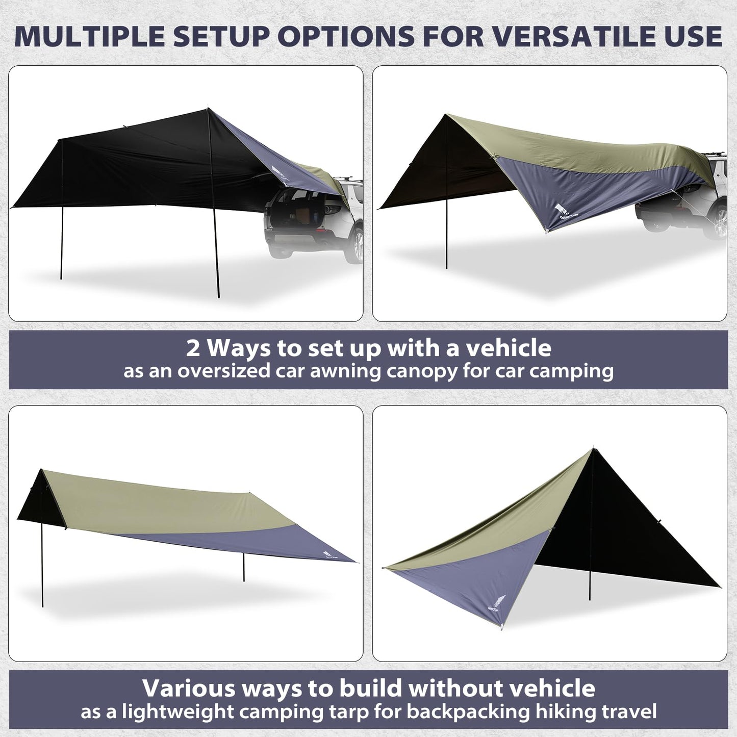 GEERTOP Large Car Awning Tarp Blackout Sun Shade Shelter for SUV Truck Tailgate Canopy Waterproof for Camping Beach Tailgating - Easy Setup with Poles