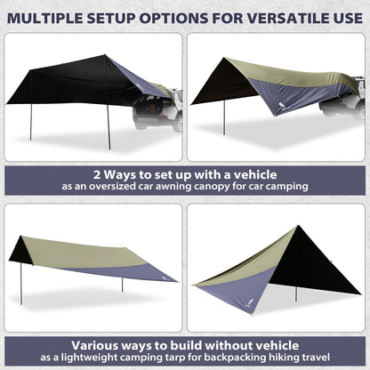 GEERTOP Large Car Awning Tarp Blackout Sun Shade Shelter for SUV Truck Tailgate Canopy Waterproof for Camping Beach Tailgating - Easy Setup with Poles