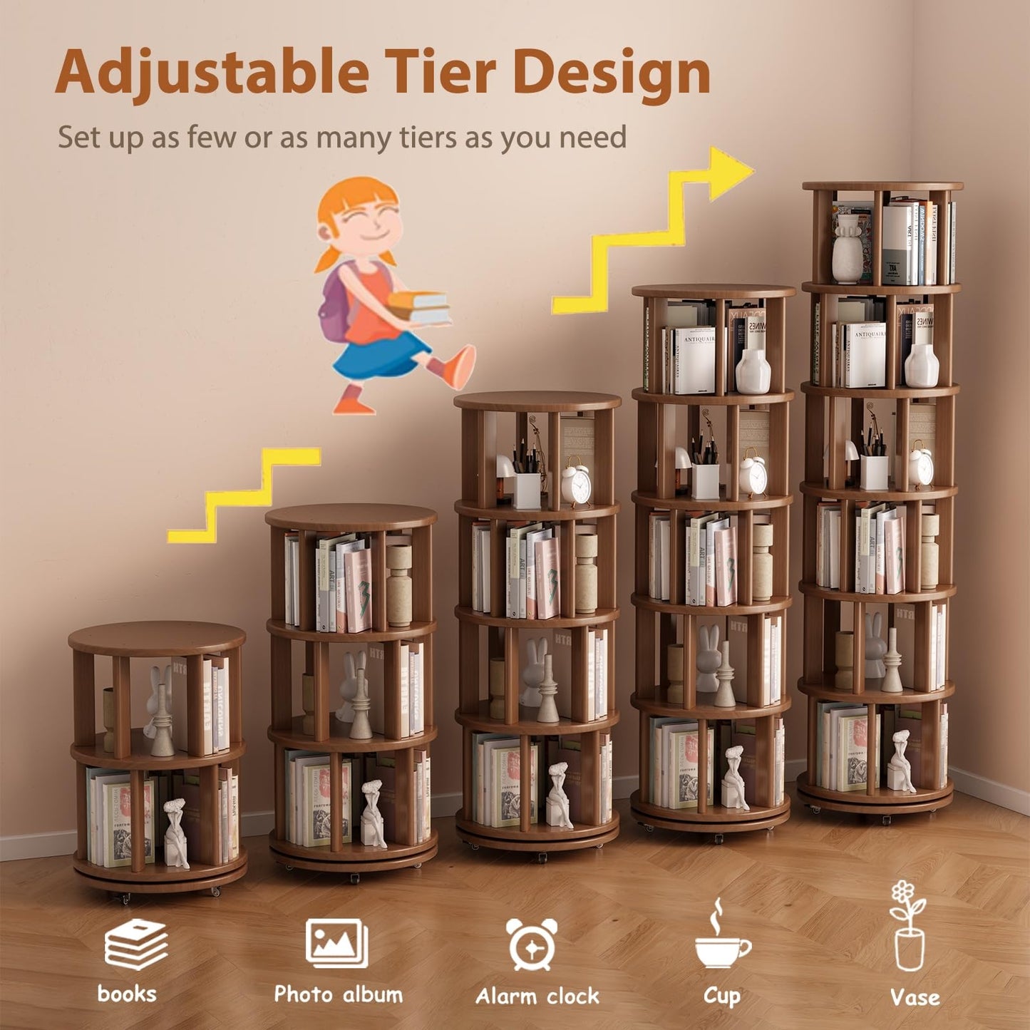 Muwuele 6 Tier Rotating Bookshelf Tower, Solid Wood Bookshelf on Wheels, Circular Book Shelf Rotating, Revolving Bookcase for Small Spaces, Corner Book Case, Spinning Book Shelf for Bedroom, Walnut