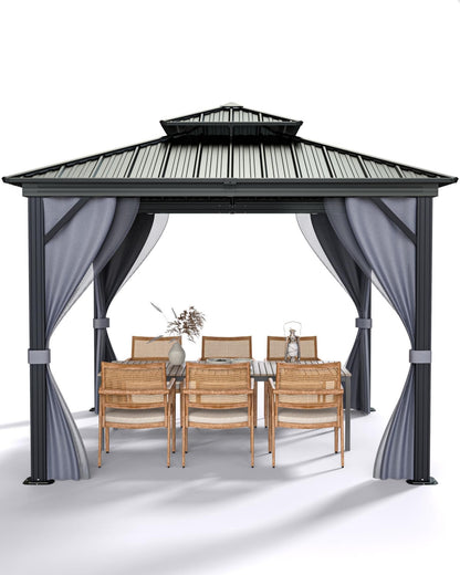 GarveeLife Outdoor Gazebo 12x12 Hardtop, Aluminum Frame Permanent Pavilion with Double Roof, Mosquito Netting & Privacy Curtains for Patio, Garden, Deck, Lawn and Backyard Parties