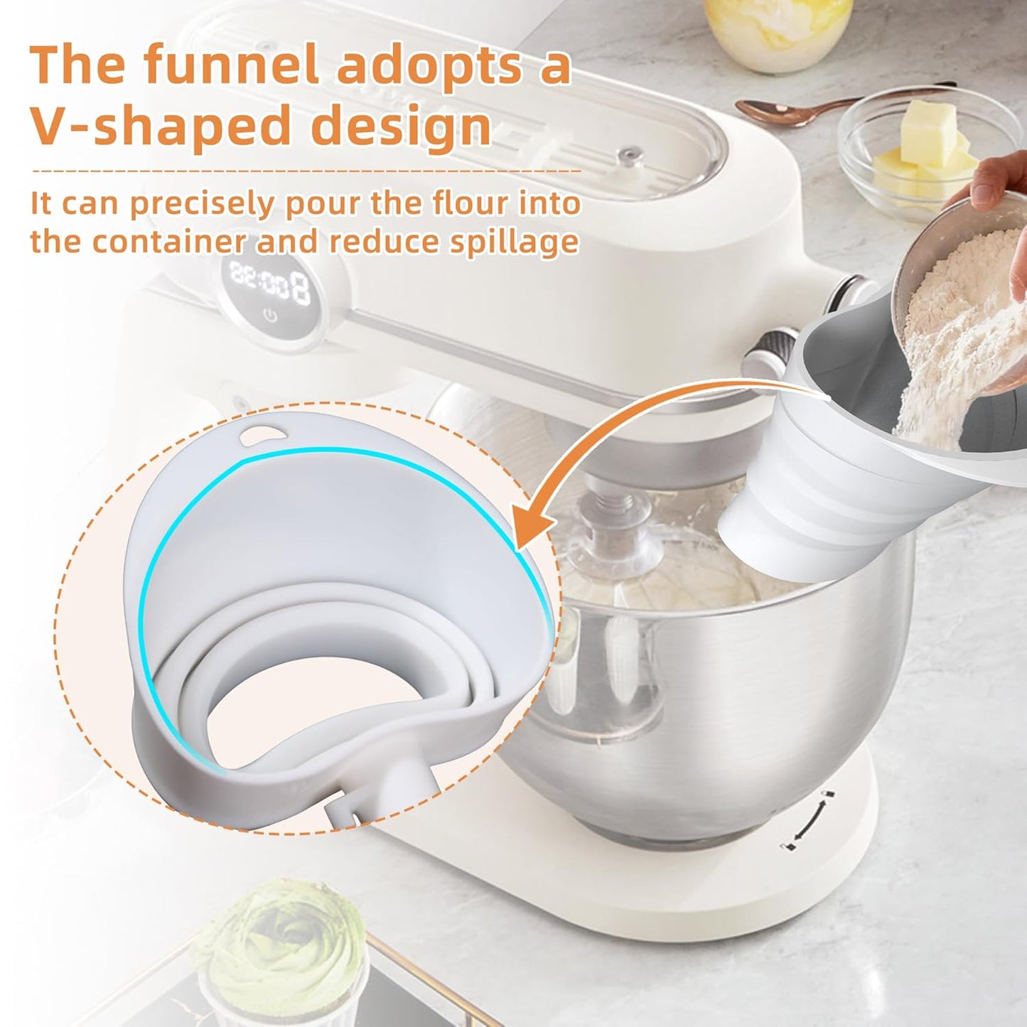 **KitchenAid Flour Funnel - Silicone Kitchen Funnel for KSM150 Mixers | Easy Pour & Dishwasher Safe (White)**