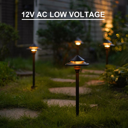 GOODSMANN Low Voltage Landscape Lighting 4PK LED Path Lights Oil Rubbed Bronze 4W 32 Lumen Hardwired 2 Tier Pagoda Landscape Pathway Lights 3000K Warm White Metal Stakes Cable Connectors