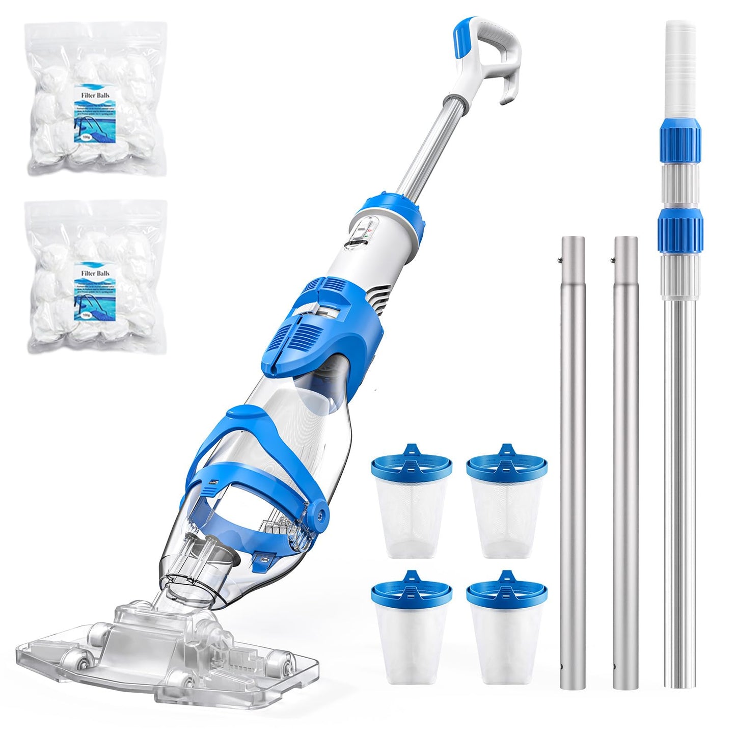 Consciot Upgraded Pool Vacuum for Above Ground & Inground Pool, 75-Min Runtime, 113" (9.4FT) Telescopic Pole, 22 GPM Suction, 2L Capacity, 4 Filters; Ideal for Spa, Hot Tub & Pool Stairs