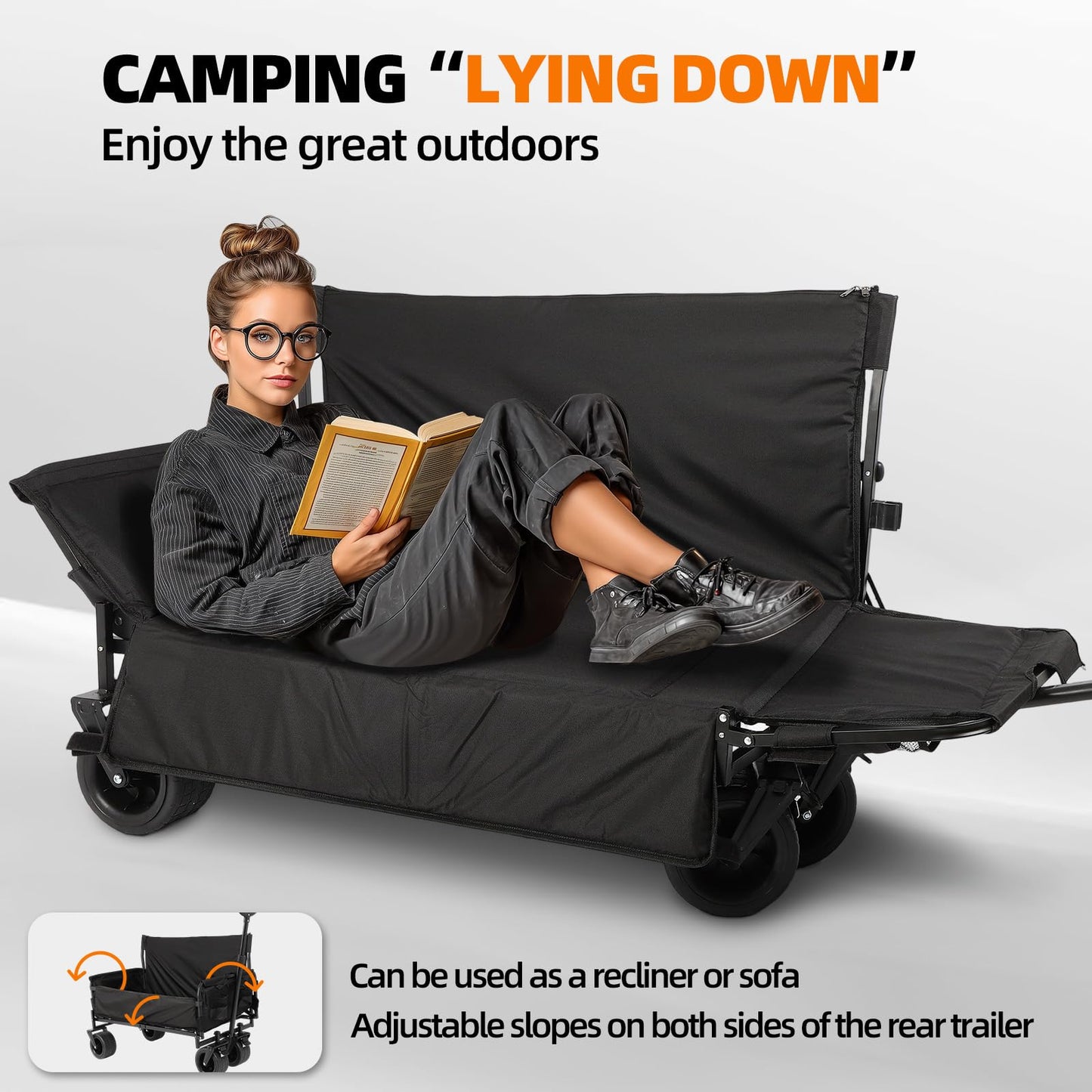 Collapsible Folding Outdoor Utility Wagon, 440LBS Heavy Duty Utility Carts,Reclining Camper,Expandable Storage，Padded and Wheeled, All Terrain Wheels, Great for Camping, Outdoors, Shopping