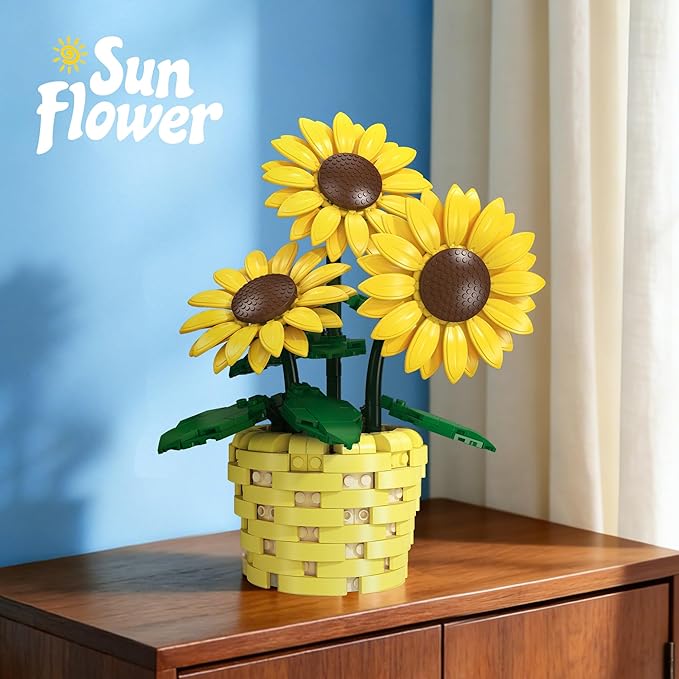 Xbert Sunflower Building Set Botanicals Potted Plant Artificial Flowers Fake Indoor Flowers for Home Office Bedroom Desk Decor - Gifts for for Women Adults