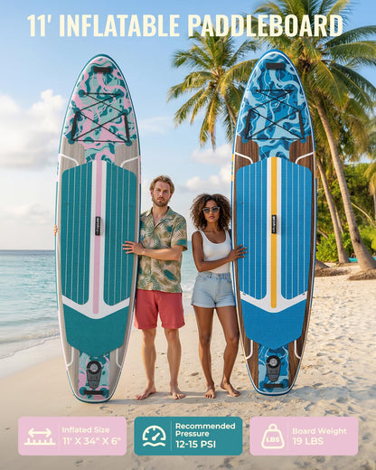 Marsdorgan 11ft Inflatable Stand Up Paddle Board with Kayak Seat, Wood Grain Lightweight SUP, 430lbs Capacity for Water Sports Fishing Surfing, 2-3 Person Family, w/Backpack & 10L Dry Bag, Grey
