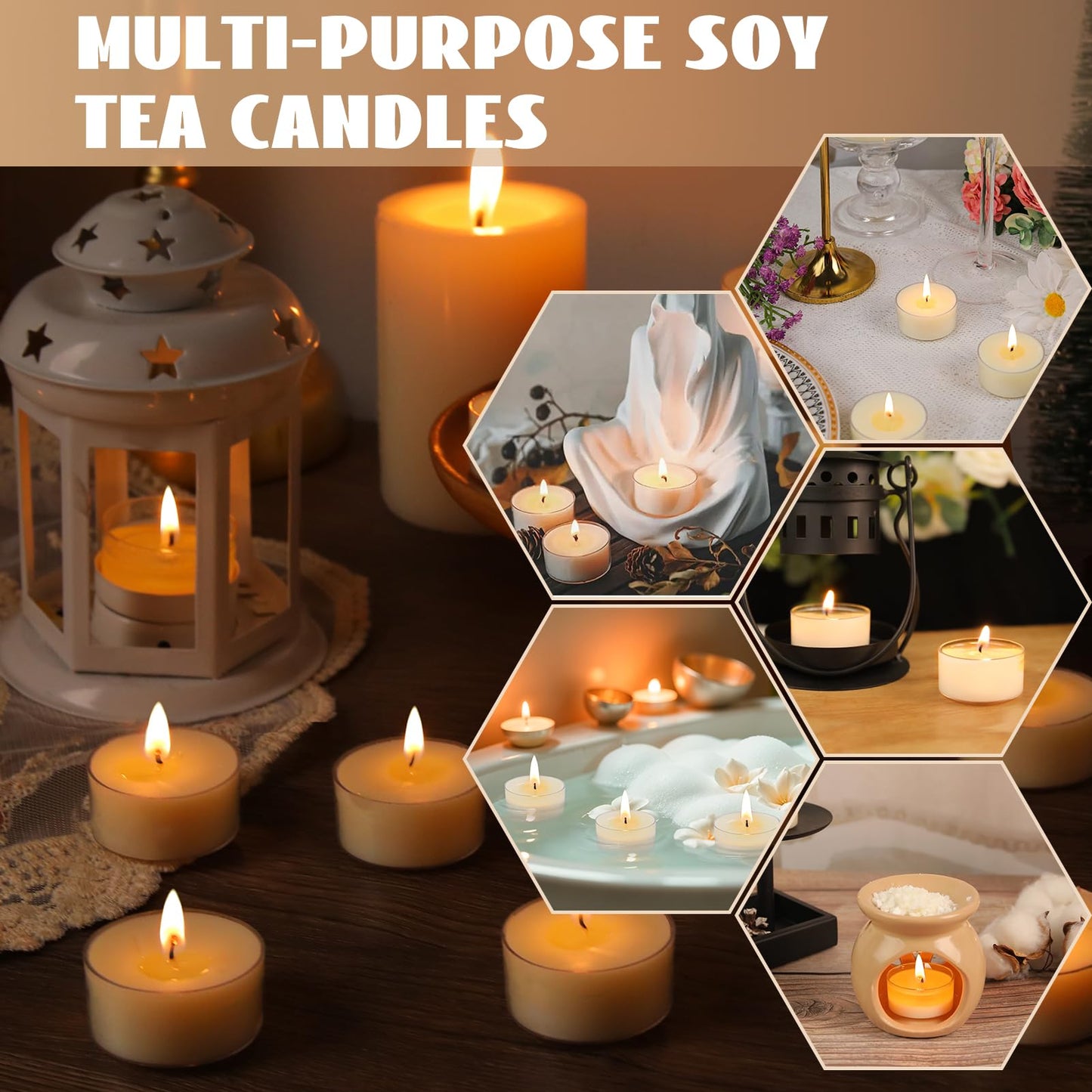 Soy Tealight Candles 120 Pack, 6 Hours Long Burning Tealights Candles Bulk, Natural Soy Wax Tea Light Candle Paraffin-Free, Unscented Small Tea Candle for Emergency,Dinner