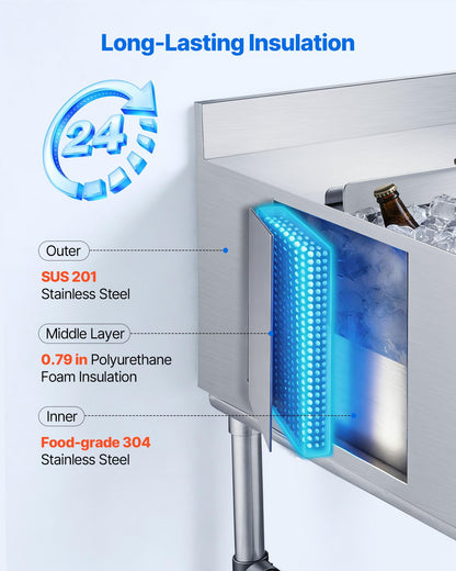 VEVOR Commercial Ice Bin, 134.7 Qt Max Capacity, 36 x 24 x 33 Inch Stainless Steel Ice Chest with Sliding Lid, 24H Long-Lasting Insulation, Cooler Cart Cocktail Unit for Bar Restaurant Pub, NSF