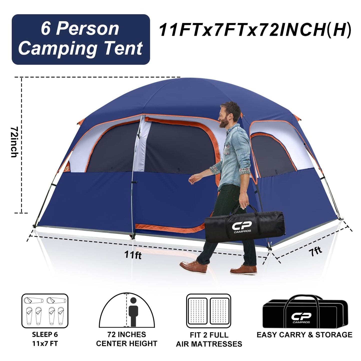 CAMPROS CP Tent-6-Person-Camping-Tents, Waterproof Windproof Family Tent with Top Rainfly, 4 Large Mesh Windows, Double Layer, Easy Set Up, Portable with Carry Bag (Navy Blue)