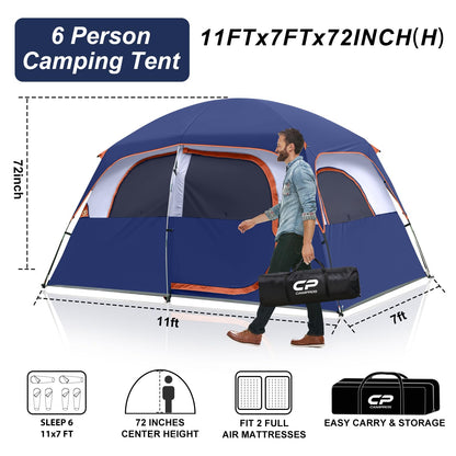 CAMPROS CP Tent-6-Person-Camping-Tents, Waterproof Windproof Family Tent with Top Rainfly, 4 Large Mesh Windows, Double Layer, Easy Set Up, Portable with Carry Bag (Navy Blue)