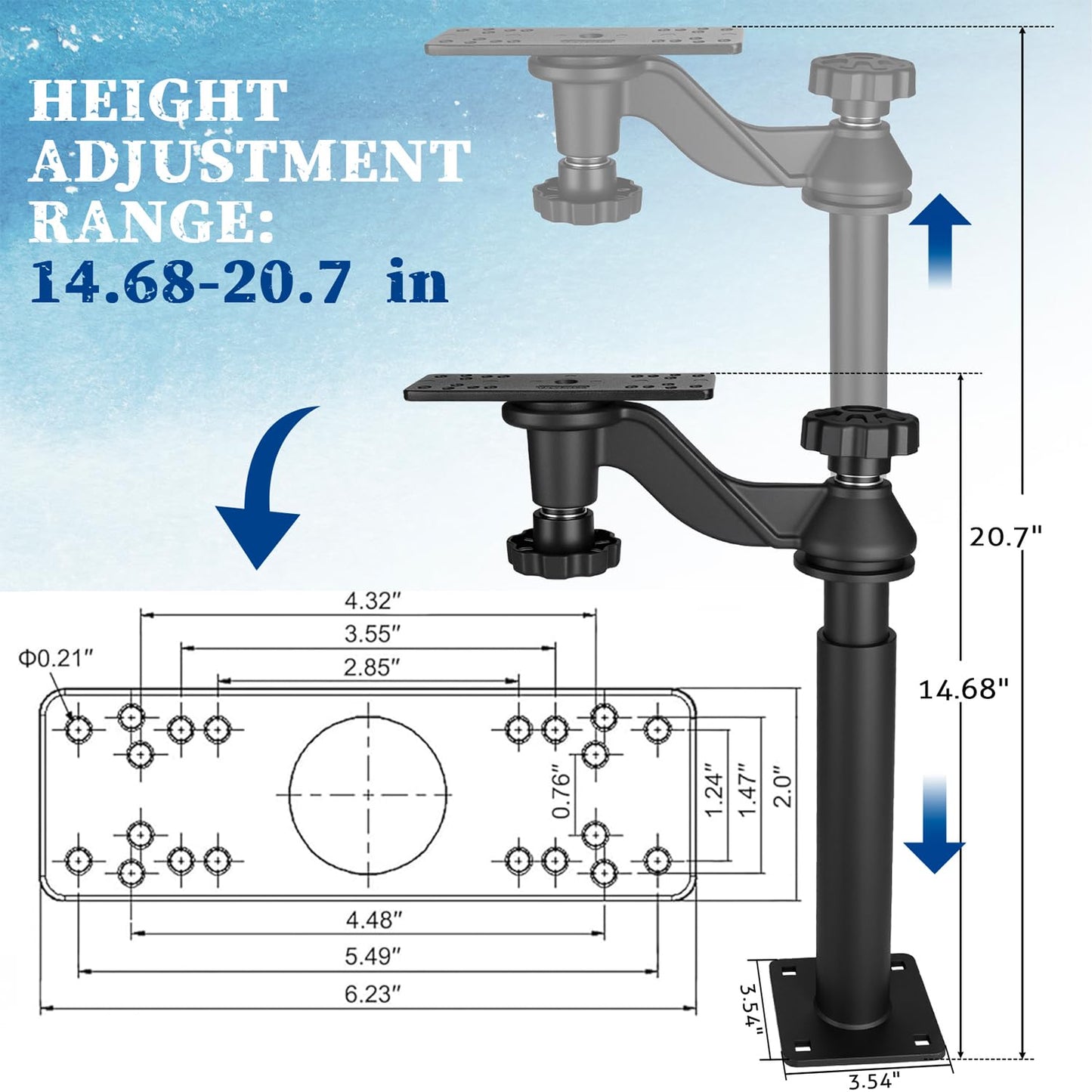 Velpaw 20.7” Adjustable Telescoping Fish Finder Mount for Boats,for 5"-12" Fishfinders & Chartplotters,Adjustable Height Range 15" to 20.7",Compatible with Lowrance, Garmin, Humminbird and More