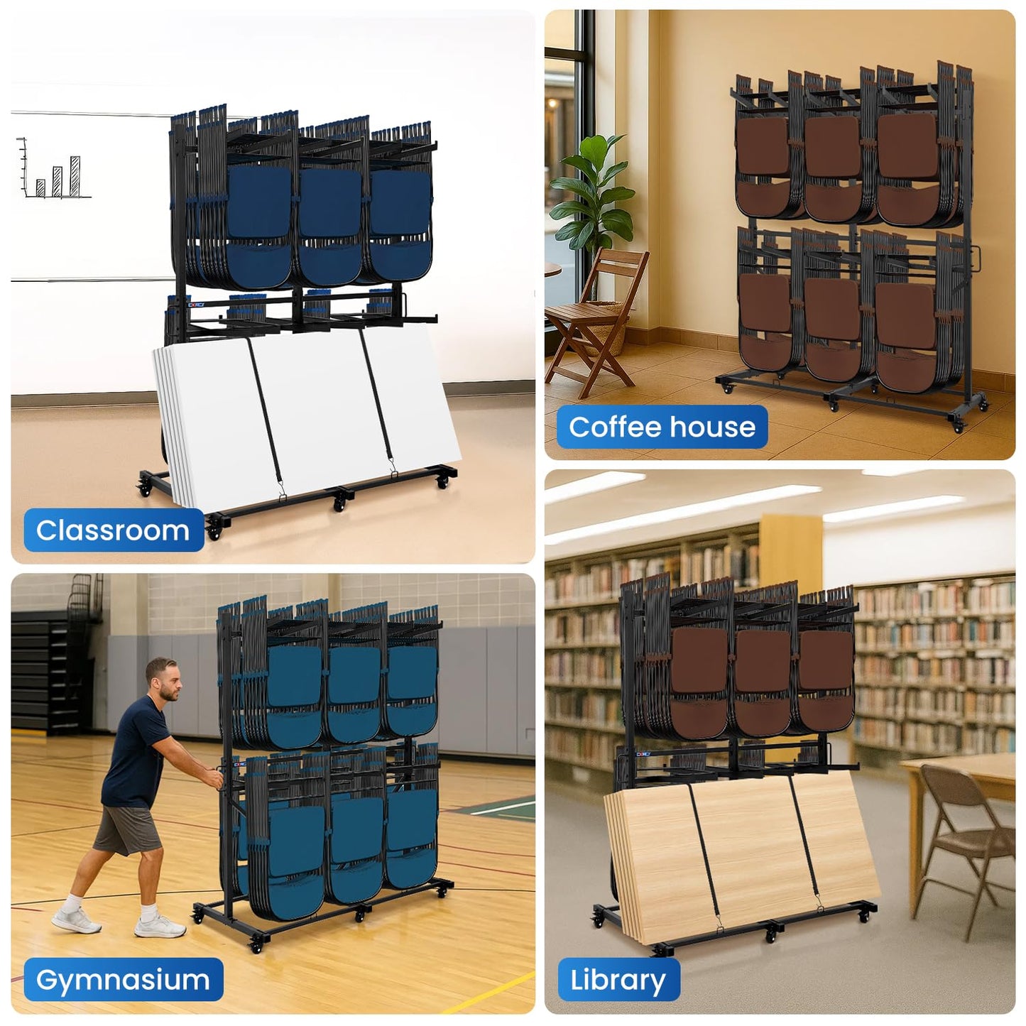 CXRCY Folding Chair Rack, Heavy-Duty Two Tier Folding Chairs Cart with 6 Tank Wheels, 800LBS Capacity for 84 Chairs or 12 Tables, 2 Elastic Band, Dust Cover
