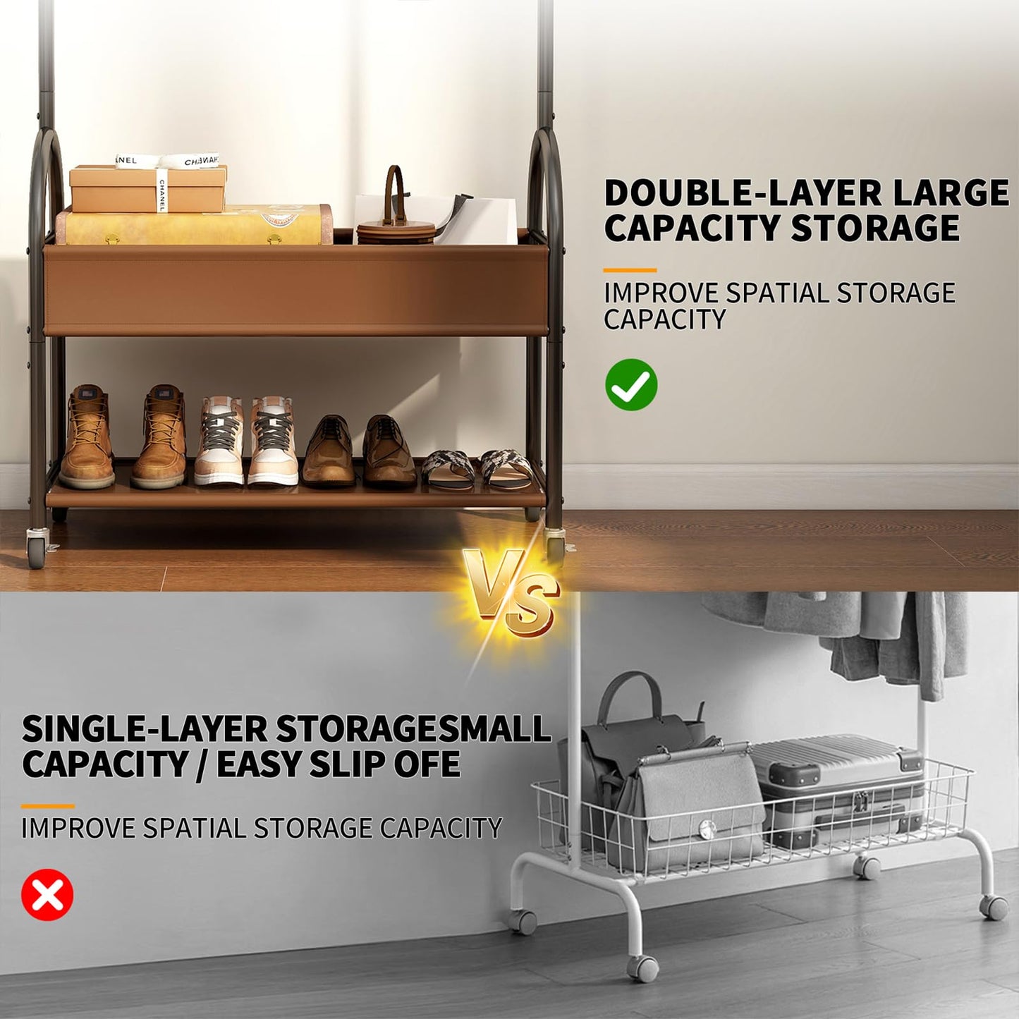 Portable Rolling Anywhere Clothes Racks for Hanging Clothes, Heavy Duty Metal Garment Rack, Freestanding Clothing Rack with Smooth-Rolling Wheels,Double Layers Wardrobe Rack Organize Everything