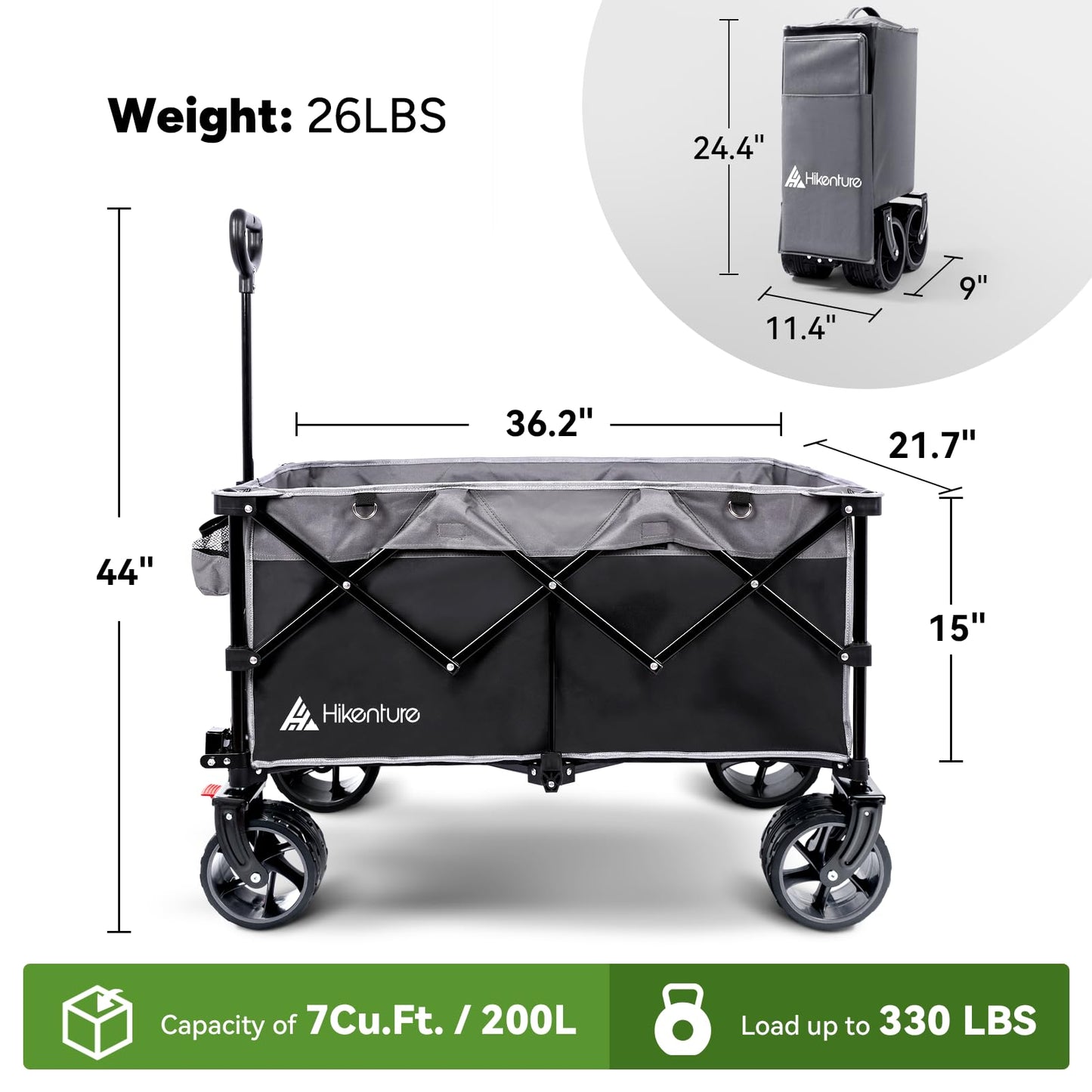 Hikenture Collapsible Wagon Cart, 330lbs Capacity Beach Wagons with Big Wheels for Sand, Heavy Duty Foldable Cart with Brakes, Portable Utility Folding Garden Cart for Outdoor
