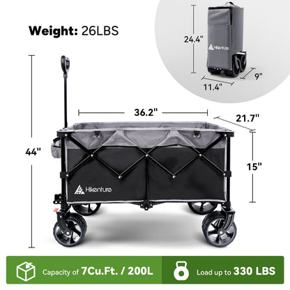 Hikenture Collapsible Wagon Cart, 330lbs Capacity Beach Wagons with Big Wheels for Sand, Heavy Duty Foldable Cart with Brakes, Portable Utility Folding Garden Cart for Outdoor