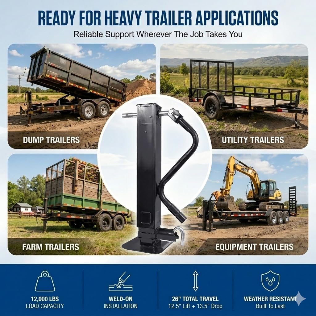 12000 LBS Weld-On Trailer Jack, 4" Square Tube, 26" Travel (12.5" Lift + 13.5" Drop Leg), Side Pull Pin Side Wind, Heavy Duty Jack Stand for Gooseneck Utility Trailers, Black Powder Coated