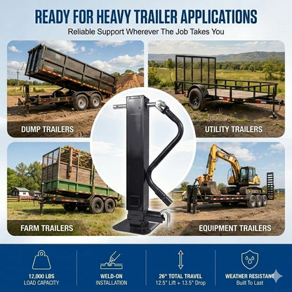 12000 LBS Weld-On Trailer Jack, 4" Square Tube, 26" Travel (12.5" Lift + 13.5" Drop Leg), Side Pull Pin Side Wind, Heavy Duty Jack Stand for Gooseneck Utility Trailers, Black Powder Coated
