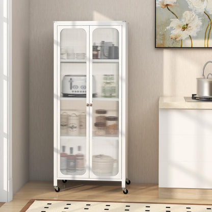 Giantex Bookcase with Doors, 58" Tall 4-Tier Bookshelf with Wheels, Adjustable Shelves, Heavy Duty Metal Frame, Freestanding Display Storage Cabinet for Living Room Bedroom Kitchen Pantry (White)