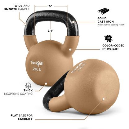 Yes4All Kettlebell, 5-65 LB Neoprene Coated Cast Iron Kettlebells, Wide Grip Handle & Flat Bottom for Swings, Squats, Deadlifts, Push Ups & Full Body Training at Home Gym - Single & Set