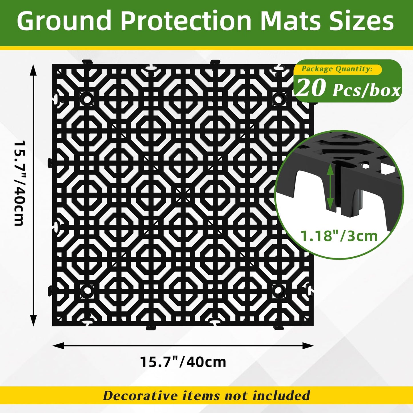 20 Pcs 15.7" x 15.7" Heavy Duty Ground Protection Mats, Interlocking Non-Slip Floor Mat, Heavyweight Gravel Grid Drive on Lawn, 6613 lb Load Permeable Paver for Parking, Outdoor Event Flooring, Black