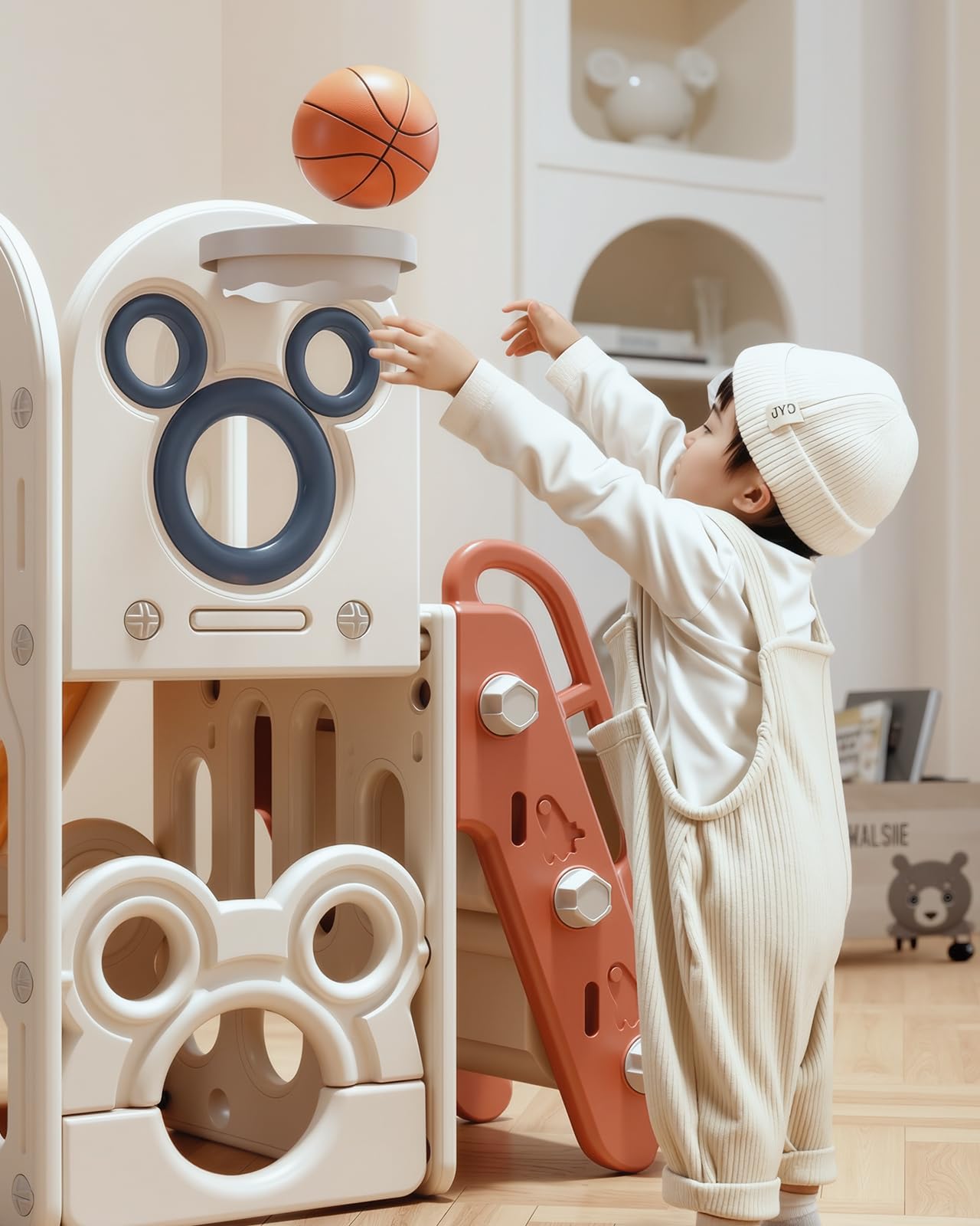 CHIIRAKU Toddler Slide L-Shaped, 5 in 1 Kids Slide Climber for Toddler, with Ball & Hoop, Indoor Outdoor Baby Playset, Anti-Slip, 65IN/165CM,Toy Storage, Ideal for Boys Girls Birthday