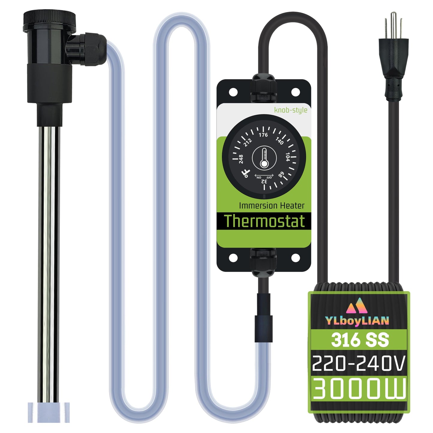 YLboyLIAN 3000W 240V Immersion Water Heater for Pool, Pond, Bathtub, Above Ground Pool, inground Pool, Spa, Hot Tub & Baptism Tubs – Portable Electric Submersible Heater with Knob-Style Thermostat
