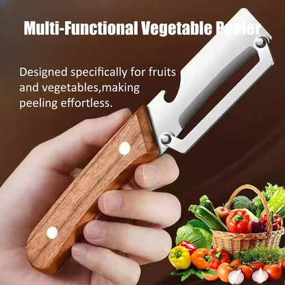 Skiennix Multi-Functional Vegetable Peeler - 2-in-1 Stainless Steel Tool with Wooden Handle & Bottle Opener