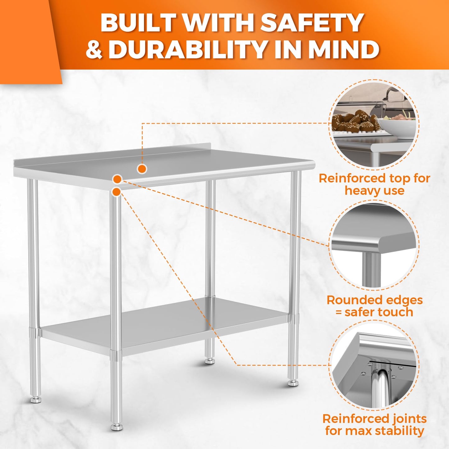 HOCCOT All Stainless Steel Work Table Heavy Duty Prep Table 24x48 Inch with Stainless Steel Undershelf Backsplash Replaceable Feet(Without Caster) Commercial Workstation for Restaurant Kitchen Outdoor