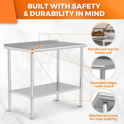 HOCCOT All Stainless Steel Work Table Heavy Duty Prep Table 24x48 Inch with Stainless Steel Undershelf Backsplash Replaceable Feet(Without Caster) Commercial Workstation for Restaurant Kitchen Outdoor
