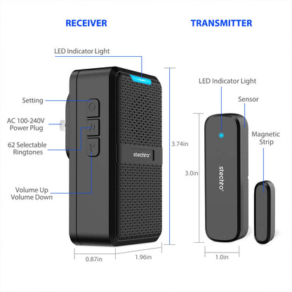 STECHRO Wireless Door Chime, 600Ft Range 5 Adjustable Volume 1 Magnetic Door open Contact Alarm with 62 Chimes Mute Mode Door Bell Plugin Receiver for Home/Office/Store (Black)