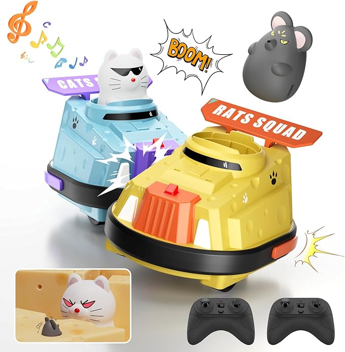 2 Pack Remote Control Car RC Ejecting Bumper Car for Kids Cat and Rat War Cheese Bumper Car Car Toys for Ages 5-7 Christmas Birthday Gifts Toys for 3 4 5 6+ Year Old Boys Girls