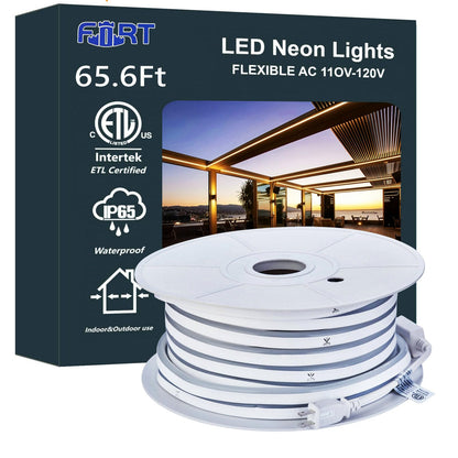 FORT LED Neon Rope Lights Outdoor Warm White‌ 65.6FT led Lights Strip- 120V ETL Certifie Waterproof for Christmas/Wedding/Garden/Patio/Party/Walkway/Deck Railing/soffits/Playhouse Decoration