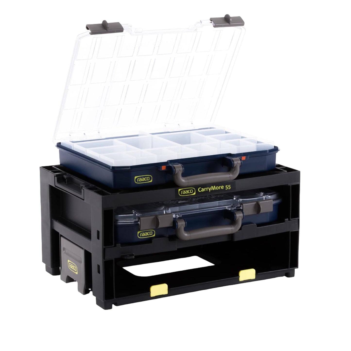 Raaco CarryMore 55 Storage System – Includes 2 CarryLite Slim 2.3 Inch Height Organizers (16 Inserts Each) – Stackable Modular Tool Storage Unit – Portable Hardware & Parts Organizer (2X CarryLite 55)