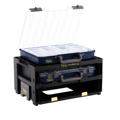 Raaco CarryMore 55 Storage System – Includes 2 CarryLite Slim 2.3 Inch Height Organizers (16 Inserts Each) – Stackable Modular Tool Storage Unit – Portable Hardware & Parts Organizer (2X CarryLite 55)