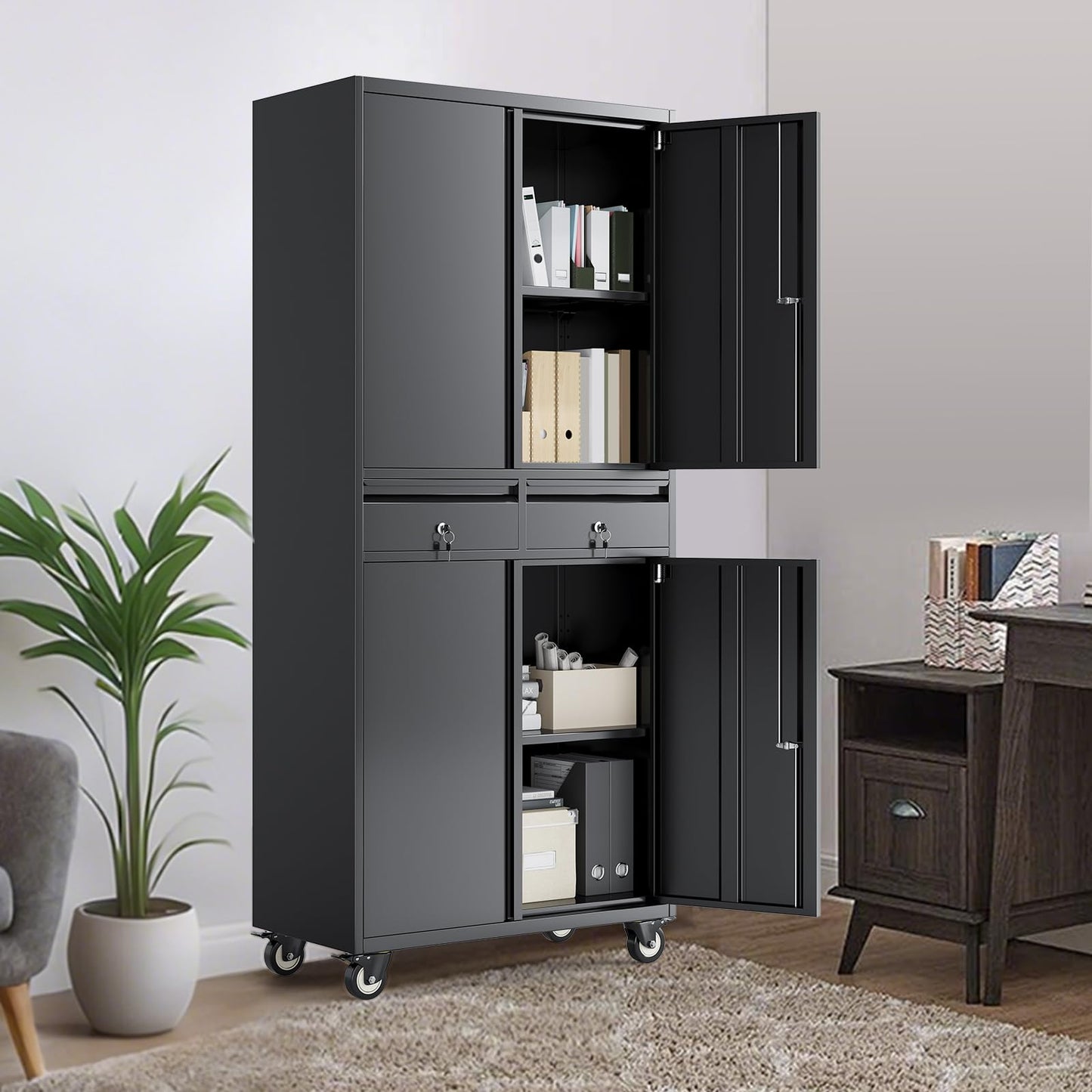 MegaChoice 73in Metal Garage Storage Cabinet with Wheels, Locking Doors, 2 Deep Drawers & 2 Adjustable Shelves, Rolling Garage Tool Organizer & Steel Cabinet for Workshop, Office, Home Organization