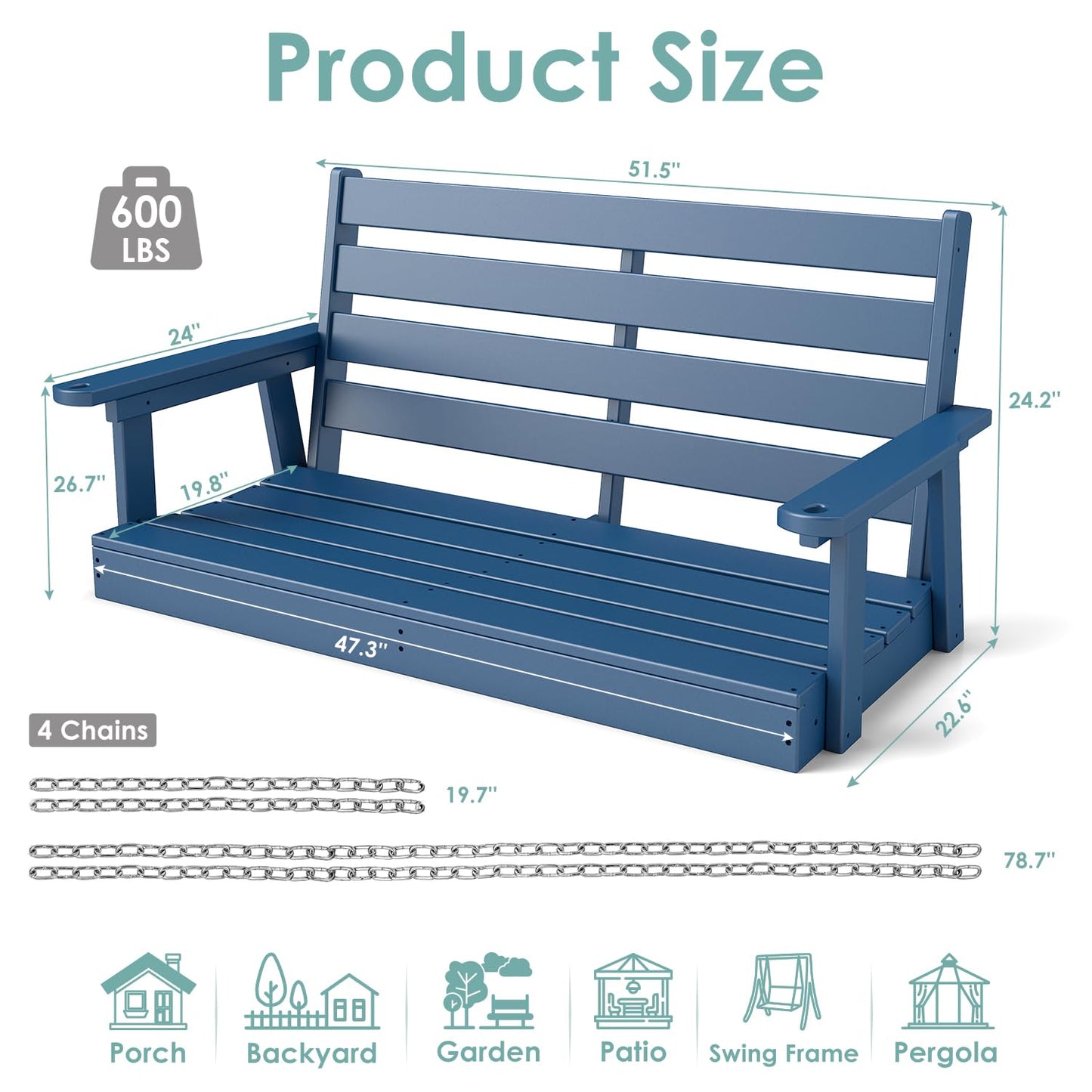 IVY&LANE Outdoor Porch Swing | HDPE Plastic | 2-Person | Hanging Bench Swings | Weatherproof | 4 Stainless Steel Chains | Blue | for Outside Patio Garden Backyard Tree