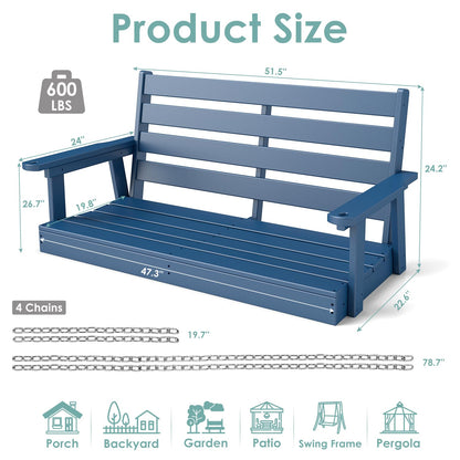 IVY&LANE Outdoor Porch Swing | HDPE Plastic | 2-Person | Hanging Bench Swings | Weatherproof | 4 Stainless Steel Chains | Blue | for Outside Patio Garden Backyard Tree