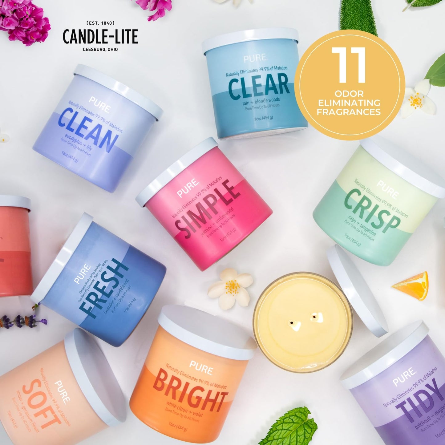Candle-Lite Pure Citrus & Clove Leaf Odor Eliminating Scented Candles, Neofresh Technology Eliminates 99.9% of Odors, 16 oz 2-Wick Jar, Proudly Poured in The USA, Up to 60 Hours Burn Time
